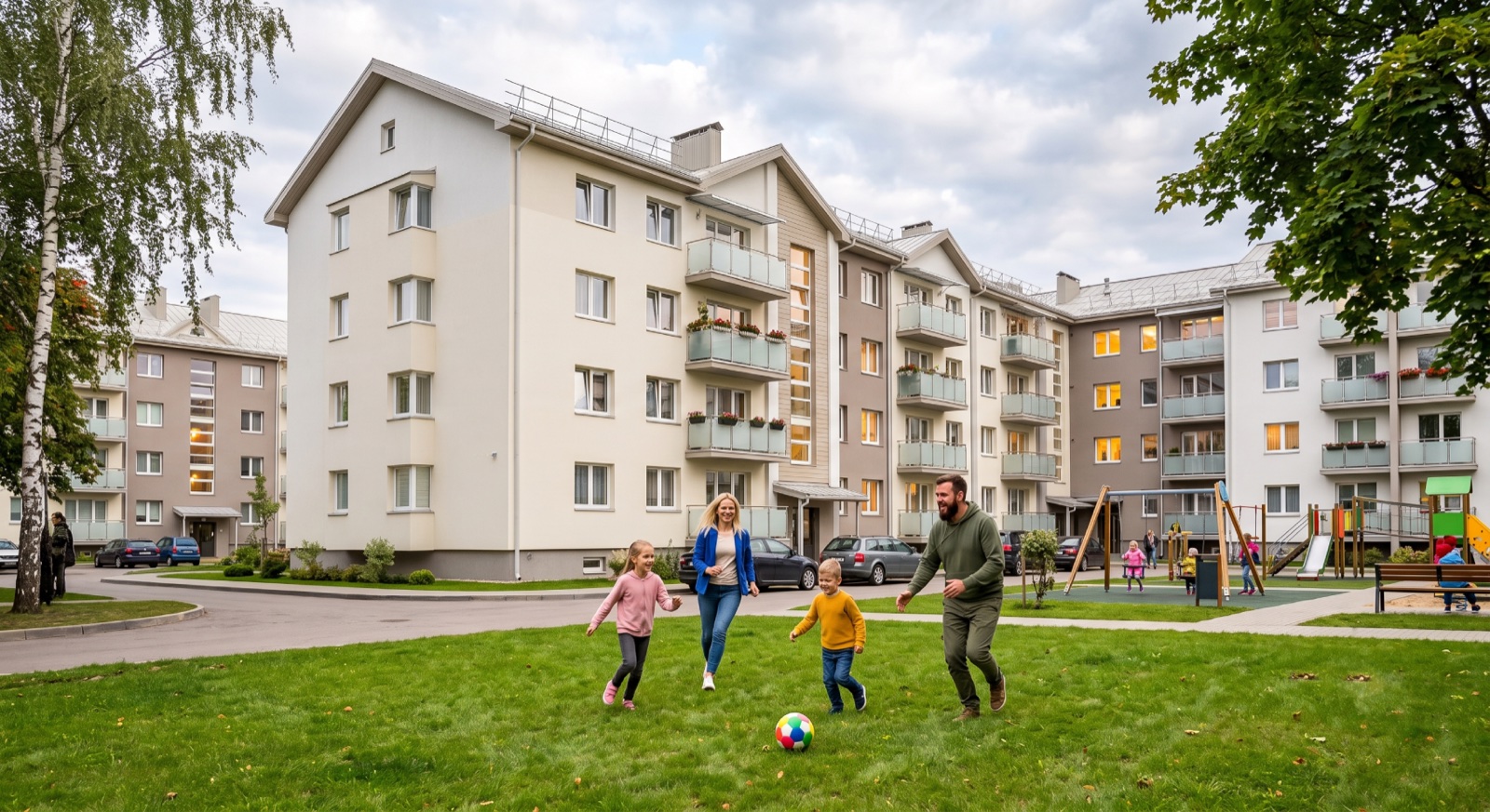 Šeima žaidžia kieme prie atnaujinto daugiabučio Garliavoje